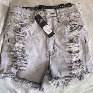 High waisted distressed denim shorts
